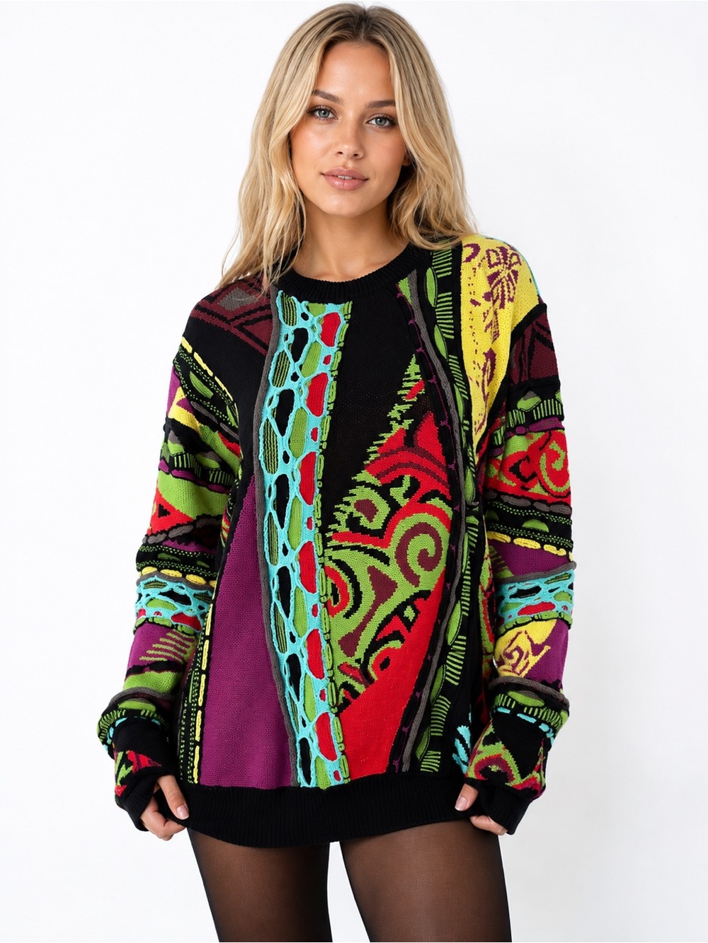 AKIRA Black Multi Color Abstract Open Knit Oversized Sweater